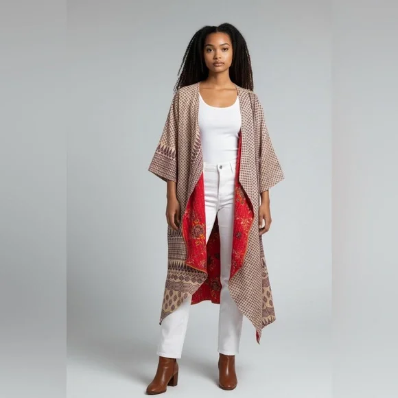 132 KANTHA Fitted Long 3/4 Sleeve Cardigan Reversible Handmade one of a kind 🌸 - Picture 1 of 11